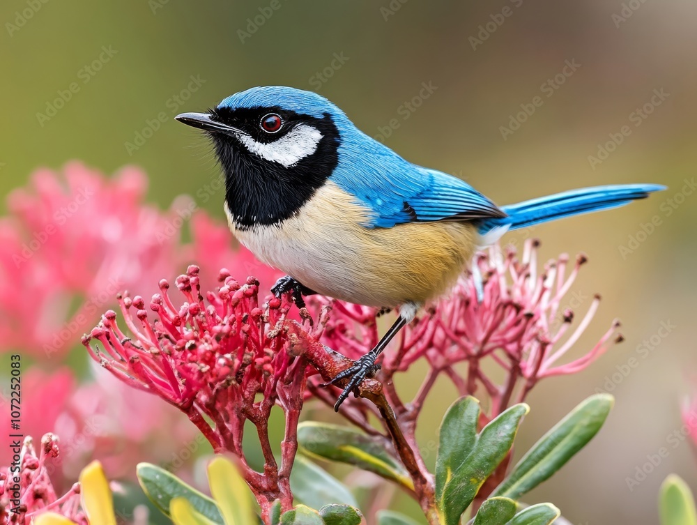 Obraz premium Blue-Capped Bird on Pink Flowers: A vibrant blue-capped bird, perched delicately on a cluster of pink flowers, captivating with its striking colors and intricate details.
