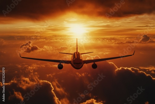 Airplane Flying Through Sunset Clouds