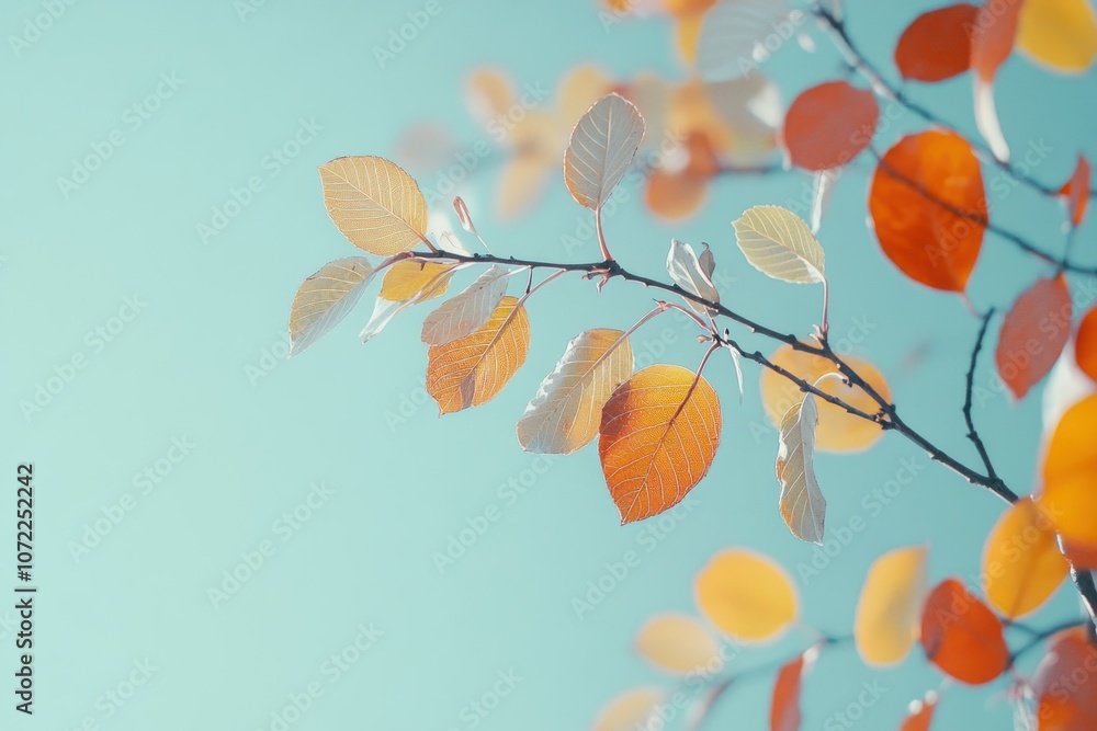 Warm Autumn Leaves Against Soft Blue Background Warm Autumn Leaves Against Soft Blue Background