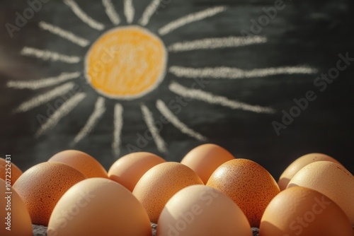 Fresh Eggs with Sun Drawing Background photo