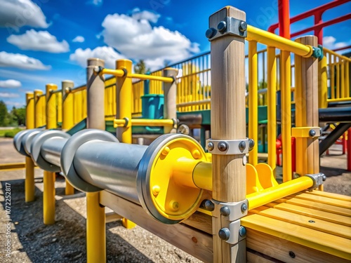 Grey Plastic Pipe on Yellow Wooden Supports in Playgrounds for Climbing and Play, Fostering Creativity and Physical Activity in Children with Safe and Engaging Play Equipment