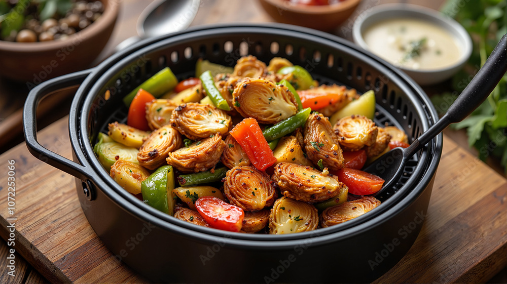 Colorful roasted vegetables in black serving bowl Colorful roasted vegetables in black serving bowl