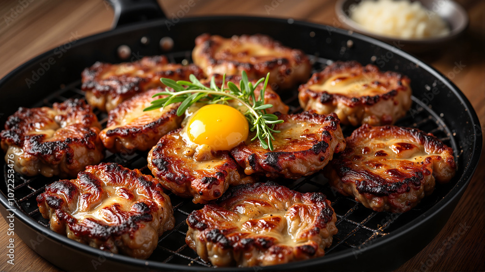 Grilled chicken topped with egg yolk on black plate Grilled chicken topped with egg yolk on black plate