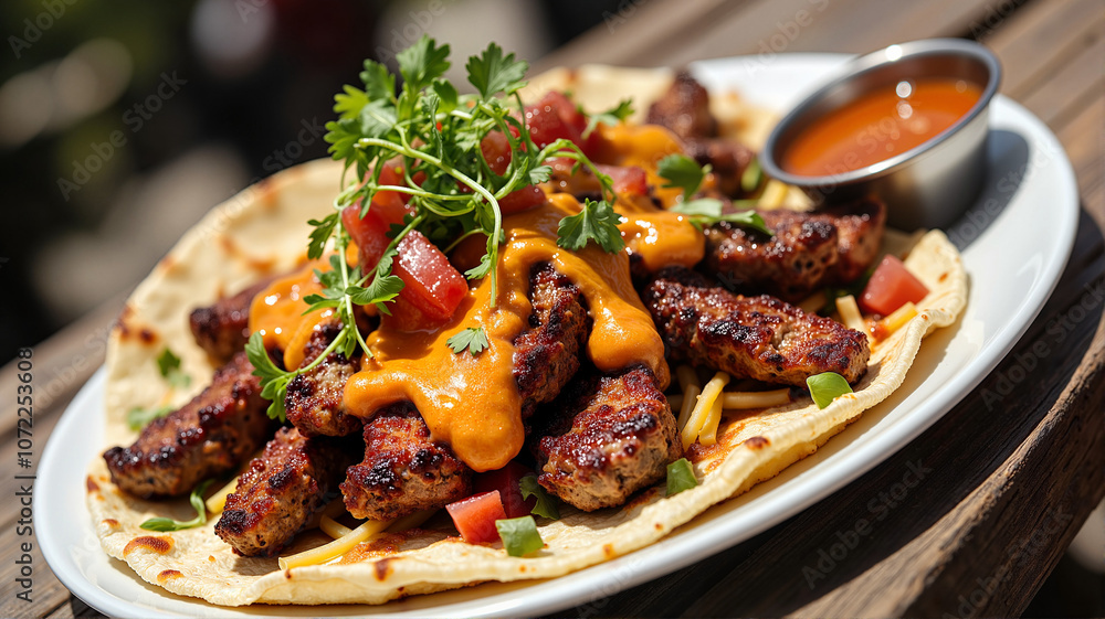 Grilled meat and cheese nachos with fresh herbs Grilled meat and cheese nachos with fresh herbs