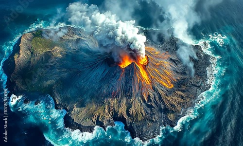 Aerial view of an erupting volcano surrounded by ocean waves.
