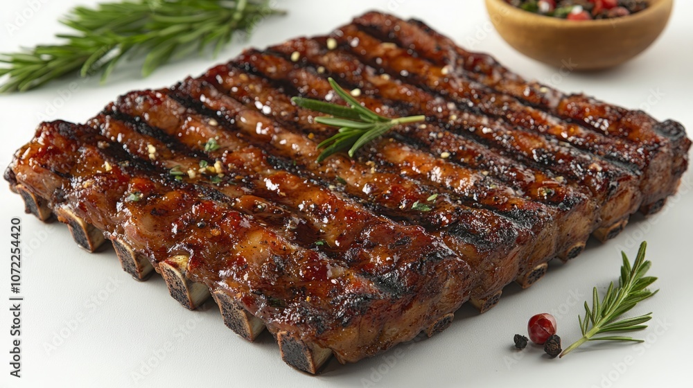 Succulent Grilled Pork Ribs with Garnish, Presented on a White Background Succulent Grilled Pork Ribs with Garnish, Presented on a White Background