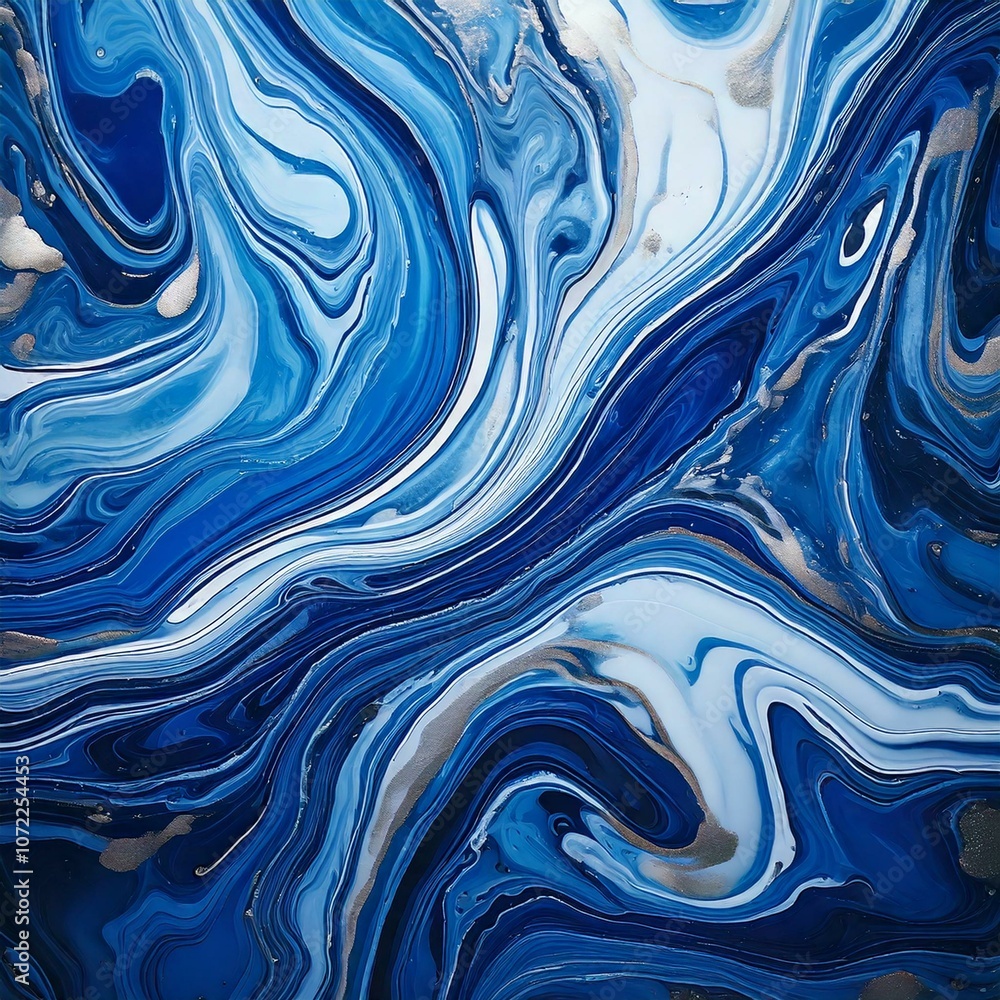 Blue and Silver Fluid Marble Art with Realistic Texture