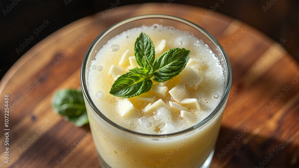 Refreshing pineapple smoothie with mint garnish on wood Refreshing pineapple smoothie with mint garnish on wood