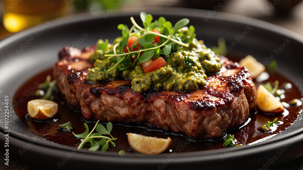 Juicy steak with pesto topping on dark plate Juicy steak with pesto topping on dark plate