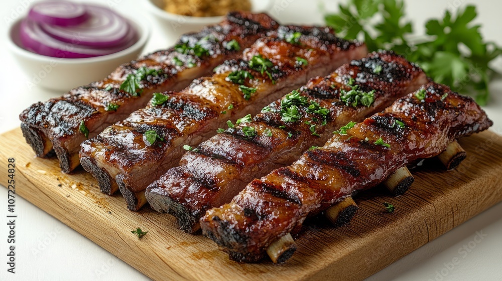 Succulent Grilled Pork Ribs with Garnish, Presented on a White Background Succulent Grilled Pork Ribs with Garnish, Presented on a White Background