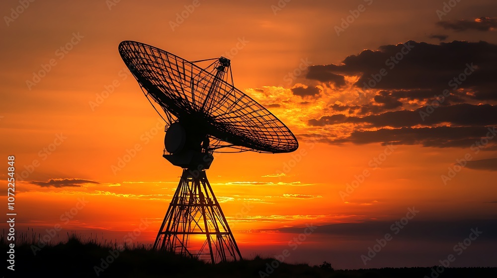 A silhouette of a satellite dish against a vibrant sunset sky, representing communication technology. A silhouette of a satellite dish against a vibrant sunset sky, representing communication technology.
