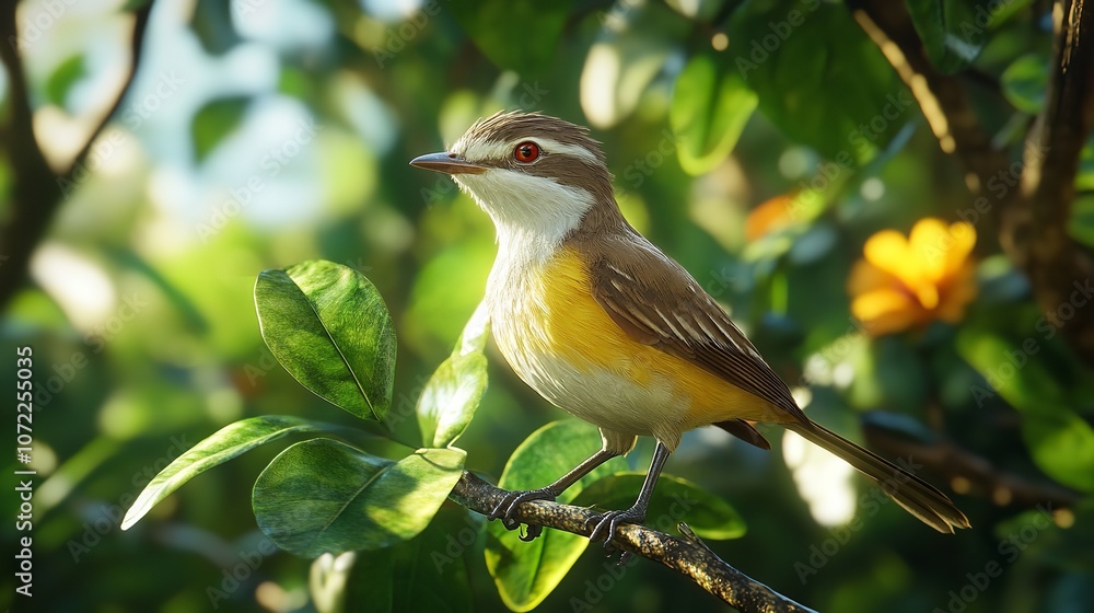 Mockingbird sitting on a tree branch between green leaves, blurred background Mockingbird sitting on a tree branch between green leaves, blurred background