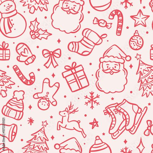 Cute Christmas cartoon pattern, seamless vector repeat doodle illustration print, wallpaper tile