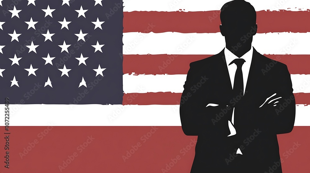 custom made wallpaper toronto digitalA silhouette of a man in a suit against the backdrop of the American flag, symbolizing patriotism and leadership.
