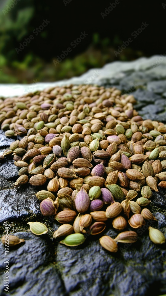 Obraz premium A close-up of scattered pistachio nuts on a textured surface in a natural setting.