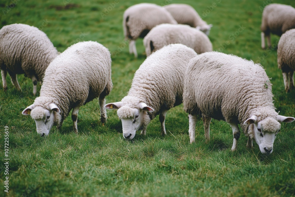 Sheep Grazing in Vibrant Pasture Landscape Sheep Grazing in Vibrant Pasture Landscape
