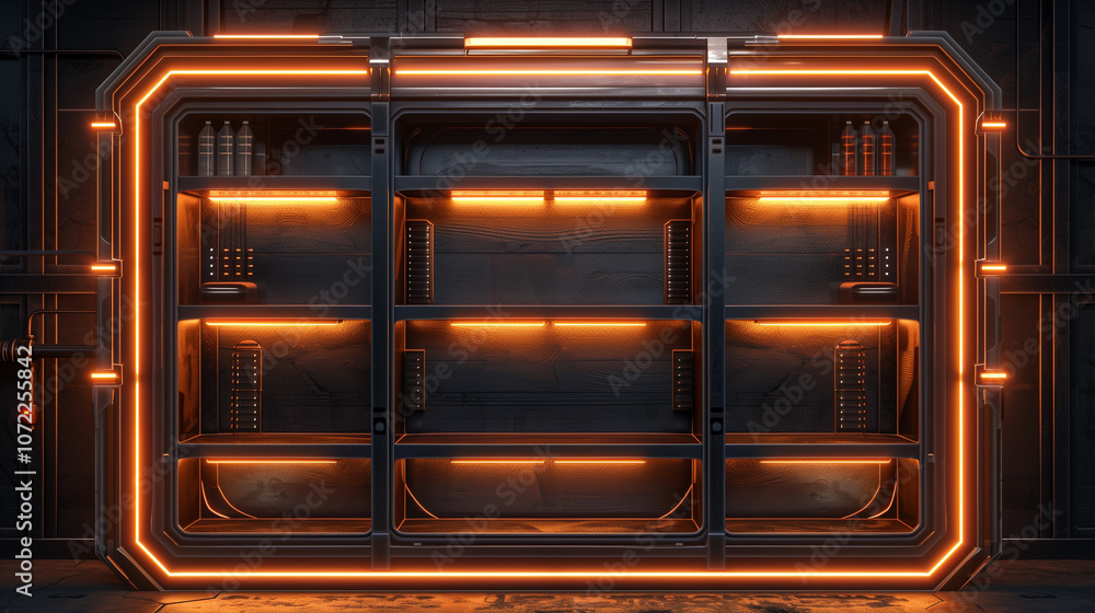 Obraz premium Futuristic industrial storage unit with glowing orange LED lights, sleek metallic design, and modern shelving