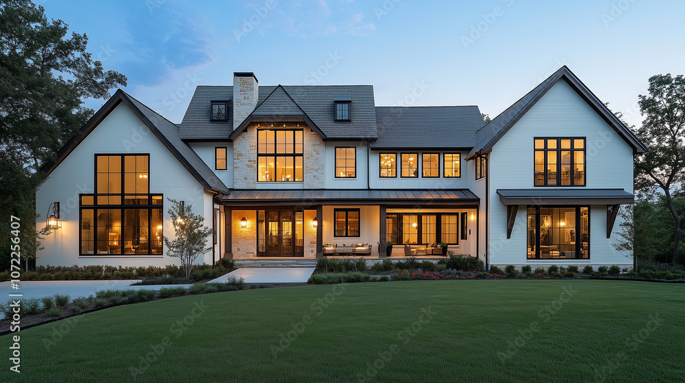 Obraz premium Luxury Farmhouse Exterior with Warm Lights at Dusk