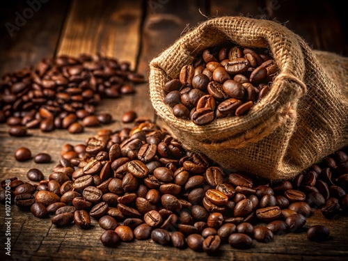 High Depth of Field Image of Coffee Beans Spilling from a Rustic Sack on a Transparent Background Ideal for Food and Beverage Themes photo