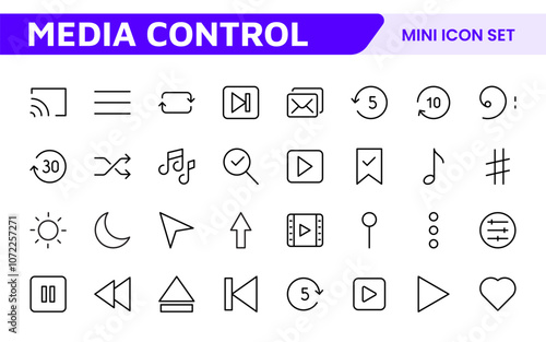 Media Control Icon Set. Sleek and intuitive audio and video playback icons are perfect for enhancing user interfaces in media apps, streaming services, and entertainment platforms.