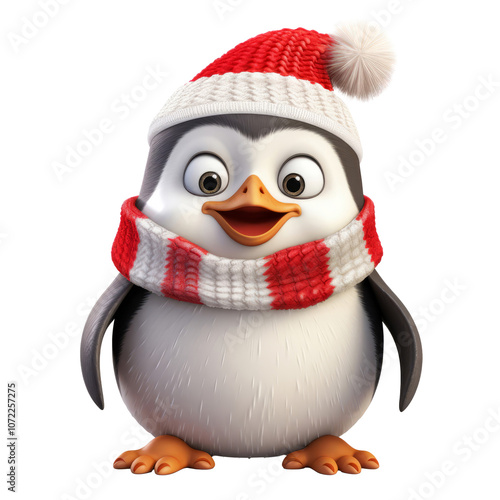 Christmas cute penguin in red hat png illustration isolated on transparent background, cute baby animal illustration for sticker, painting for Sublimation, Christmas card design