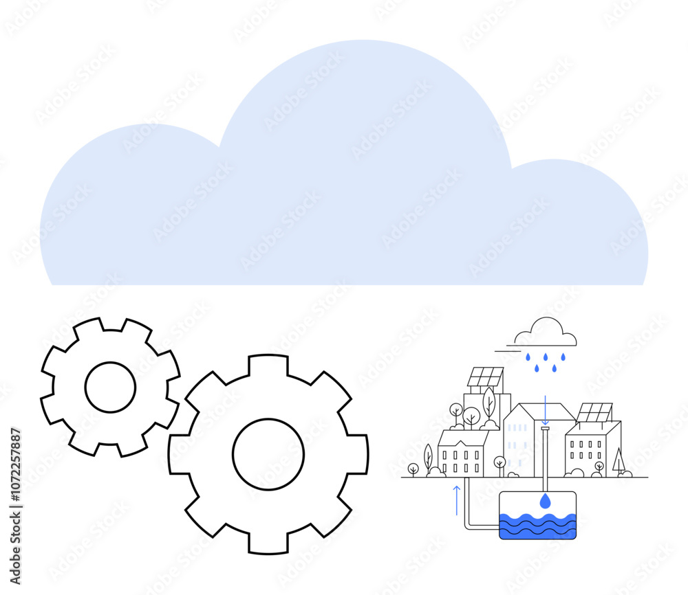 Gears, cloud, and urban buildings with water collection system. Ideal for smart city, technology integration, urban planning, sustainability, water management, innovation digital infrastructure Gears, cloud, and urban buildings with water collection system. Ideal for smart city, technology integration, urban planning, sustainability, water management, innovation digital infrastructure