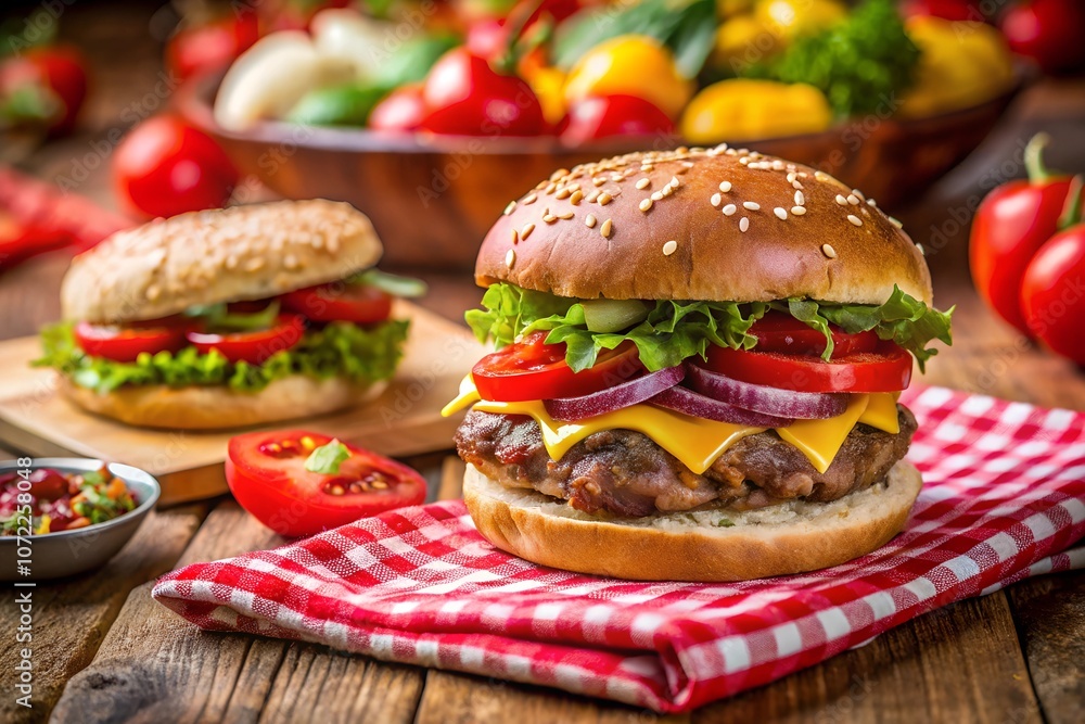 Delicious beef Burger with noodle, cheese tomato and vegetables Delicious beef Burger with noodle, cheese tomato and vegetables