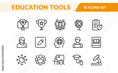 Education Tools Icon Set. Engaging and versatile icons for learning apps, classrooms, and online courses, perfect for enhancing educational resources and making learning fun and accessible.