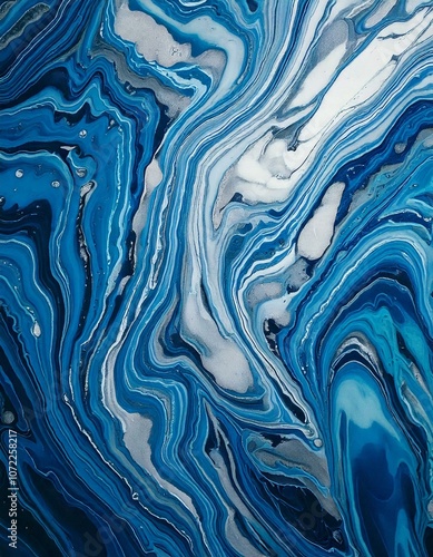 Blue and Silver Fluid Marble Art with Realistic Texture