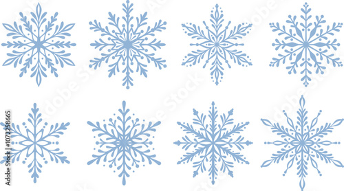 Elegant snowflake vector pattern set, delicate hand drawn snow crystal shape collection, winter holiday decorative clip art, isolated