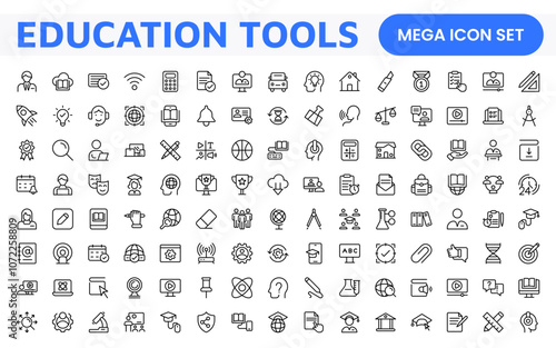 Education Tools Icon Set. Engaging and versatile icons for learning apps, classrooms, and online courses, perfect for enhancing educational resources and making learning fun and accessible.