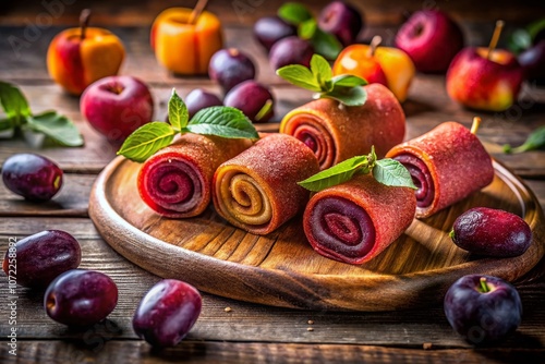 Homemade Sweet Pureed Fruit Pastille Rollups: Natural Plum Fruit Treats on Rustic Wooden Background, Perfect for Healthy Snacking and Desserts photo