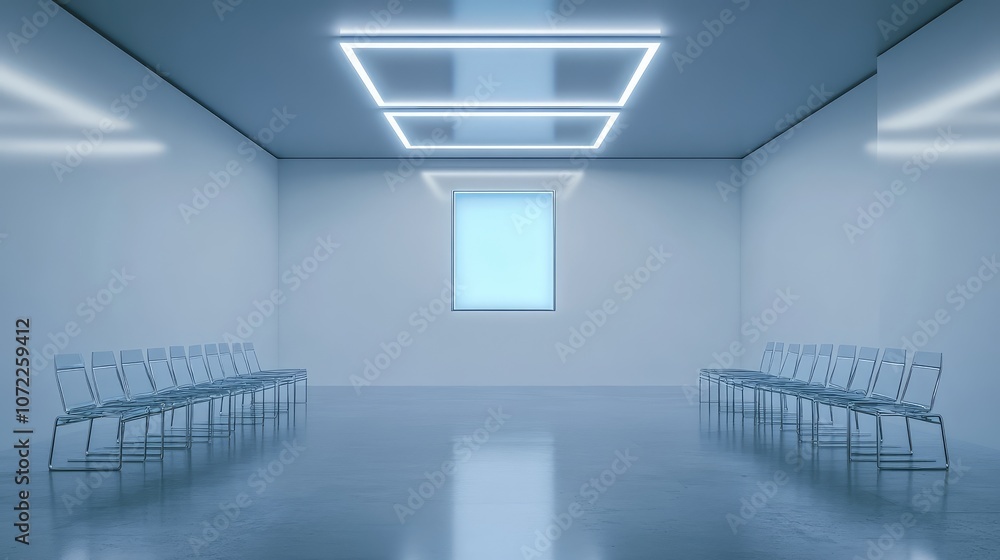 Fototapeta premium Sleek, metallic seating arrangement with one neon blue light above, in a vast, empty white space.