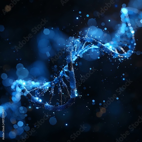 Glowing blue DNA helix with luminous particles and depth effects on dark background, perfect for biotechnology presentations and genetic research visuals.