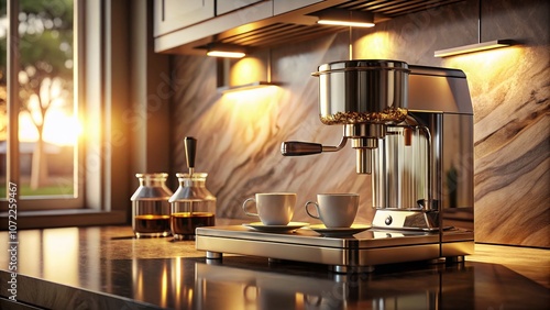 Hyper Real Close-Up of a Modern Coffee Maker Showcasing Detailed Textures and Sleek Design Elements in a Minimalist Kitchen Setting for Coffee Enthusiasts