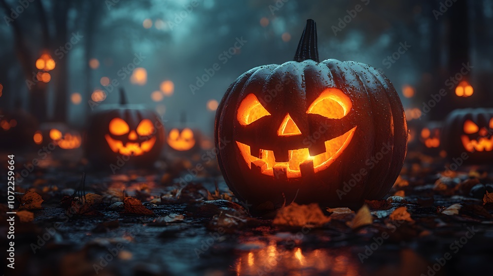 Foggy Halloween Night With Glowing Jack-o'-Lanterns Illuminating the Dark Landscape, Bringing an Eerie Atmosphere to the Festive Season Foggy Halloween Night With Glowing Jack-o'-Lanterns Illuminating the Dark Landscape, Bringing an Eerie Atmosphere to the Festive Season