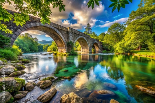 Iconic View of a Historic Bridge Spanning a Tranquil River Surrounded by Lush Greenery, Capturing the Essence of Nature and Architectural Beauty in a Serene Landscape