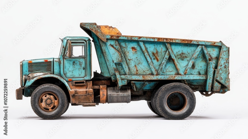 Obraz premium Rusty Relic: Teal Dump Truck Model 