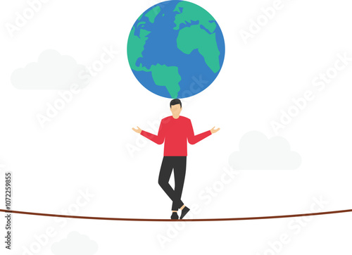 Businessman acrobat trying to balance the globe on his head. Political and business games. Control the world. Conflict of world leaders. Flat vector illustration

