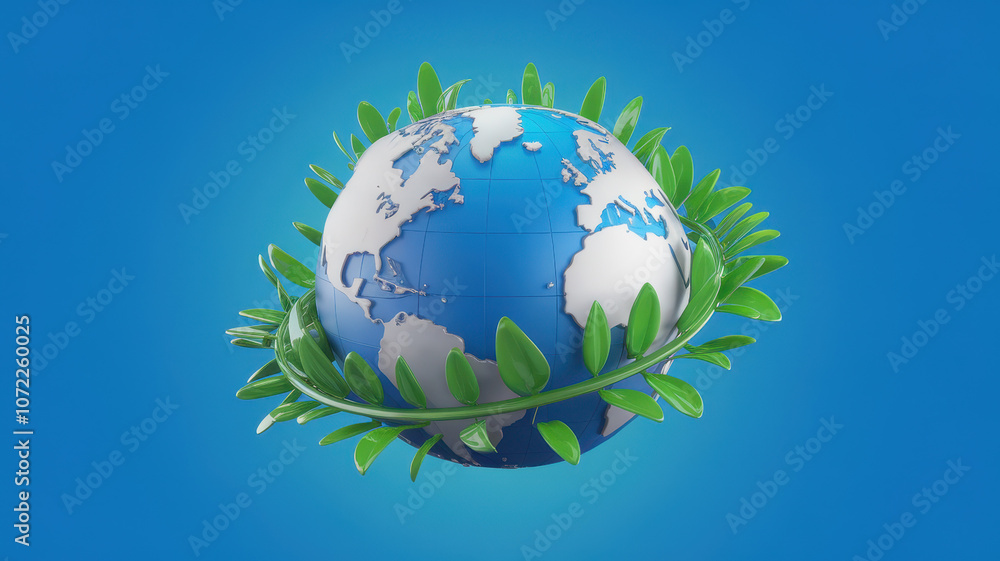 A vibrant globe enveloped in lush green leaves symbolizes environmental sustainability and global awareness, set against a bright blue background. A vibrant globe enveloped in lush green leaves symbolizes environmental sustainability and global awareness, set against a bright blue background.