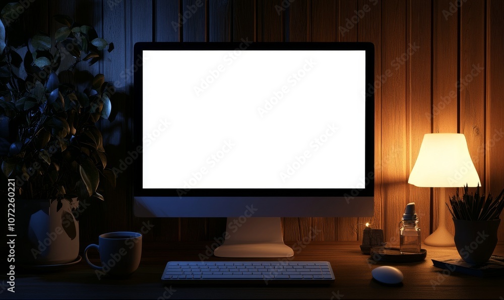 Fototapeta premium Minimalist Workspace with Desktop Computer and white screen for your mock up and Table Lamp in Cozy Night Light
