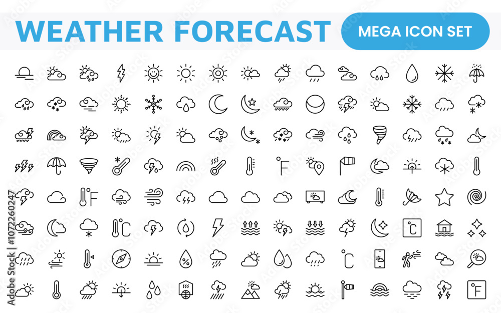 Weather Forecast Icon Set. Bright and dynamic icons for accurate weather reporting, perfect for enhancing apps, websites, and digital platforms Vector icons. Weather Forecast Icon Set. Bright and dynamic icons for accurate weather reporting, perfect for enhancing apps, websites, and digital platforms Vector icons.