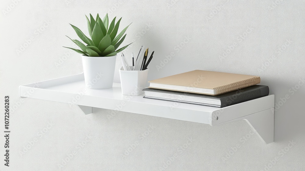 Single white shelf with a couple of organizers and a small plant, creating a serene and minimal workspace. Single white shelf with a couple of organizers and a small plant, creating a serene and minimal workspace.