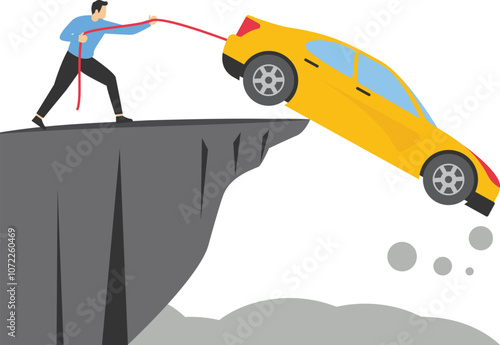 Man trying to save his car. Financial problems of debt or loan. Modern vector illustration in flat style

