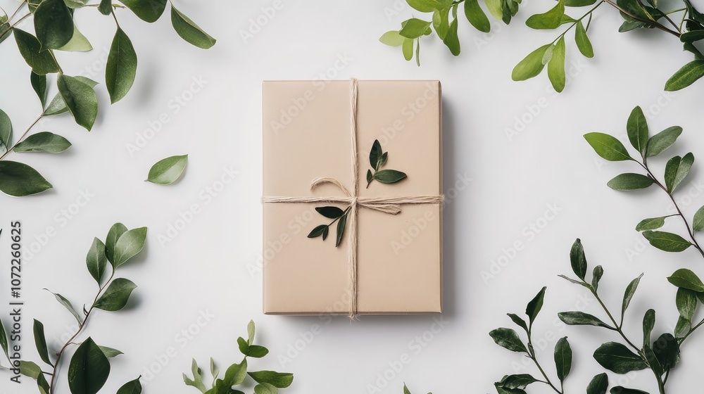 Unbleached cardboard packaging with a minimal black logo, surrounded by greenery on a white backdrop. Unbleached cardboard packaging with a minimal black logo, surrounded by greenery on a white backdrop.