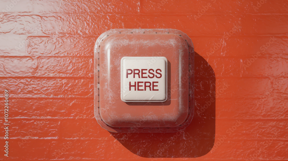 A textured orange wall with a prominent white button labeled 'PRESS HERE' is featured, creating a bold and inviting visual statement. A textured orange wall with a prominent white button labeled 'PRESS HERE' is featured, creating a bold and inviting visual statement.