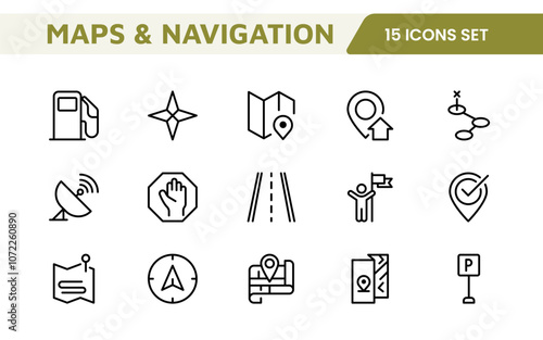 Maps Icon Set. Versatile and visually appealing icons for navigation, location services, and travel apps, designed to enhance user experience and make exploring the world more intuitive and enjoyable.