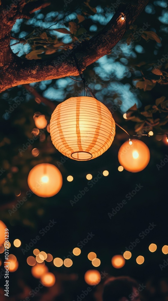 Obraz premium Warm Lanterns Hanging in a Garden Party Setting