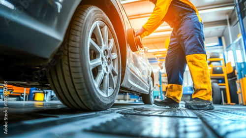 Wallpaper Mural Mechanic inspects vehicle performance with precision and care in modern workshop Torontodigital.ca