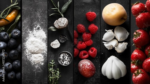 Flat lay of assorted fresh ingredients including blueberries, raspberries, garlic, tomatoes, a peach, herbs, and flour on a black background, arranged in vertical sections for a food and cooking conce photo